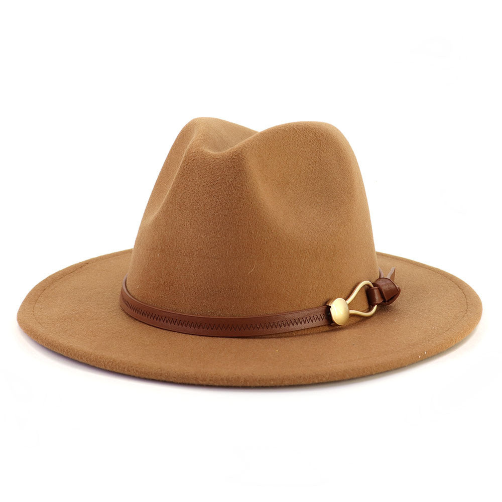 New Brown Belt Buckle Jazz Fedora Hat Autumn Winter Women Men Party Church Top Hat Wide Brim Sun Hat Felt Panama Cap