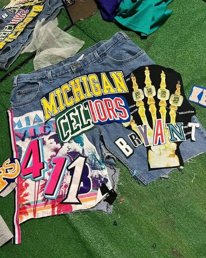 Retro Leaves Camouflage Denim Shorts Y2K Jeans Men Hip Hop Lettering Embroidery Retro Baggy Shorts Low Waist Over The Knee Pants