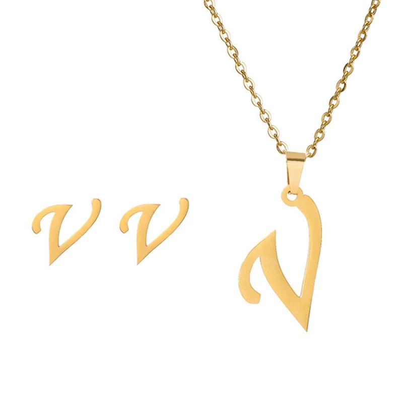 Conjunto Feminino de Colar e Brincos de Aço Inoxidável com Letra Inicial do Alfabeto A-Z - Joias Personalizadas de 26 Letras Inglesas - Presente