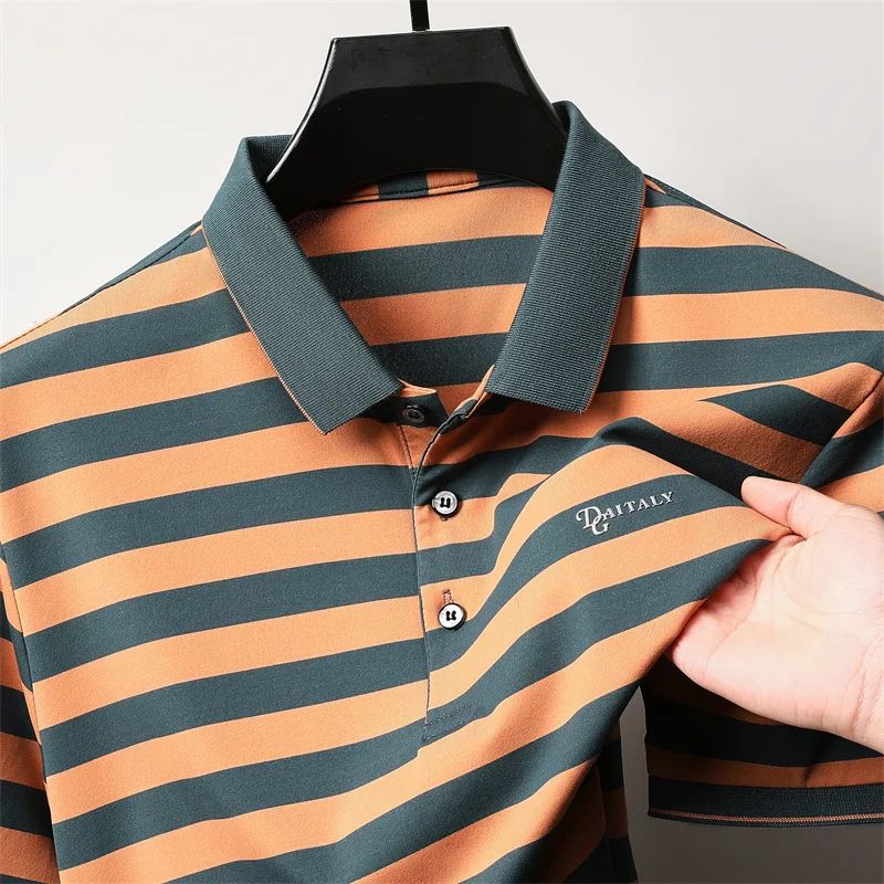 Personalized Striped Color Blocked Men's Short Sleeved Polo Shirt Fashion Brand Exquisite Embossed Summer Casual Collar T-shirt