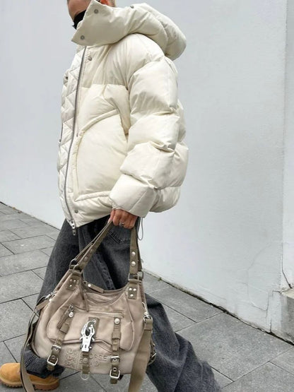 Detachable Hooded Padded Jackets Women's Loose Full Sleeves Zipper Pockets Stand Collar Coats 2025 Autumn Winter Female Outwear