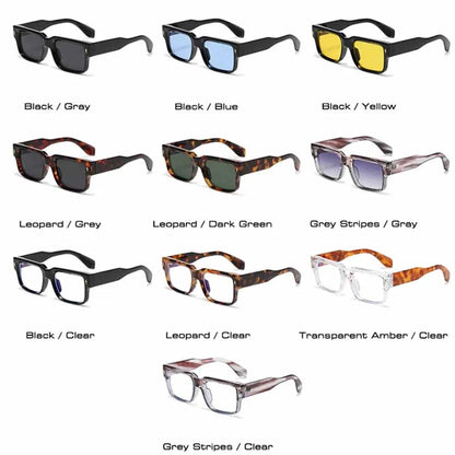 JNPCXI Óculos de Sol Retrô Quadrados Femininos Listras de Leopardo Sombras UV400 Rebites da Moda Masculinos Óculos de Sol Transparentes Gradiente