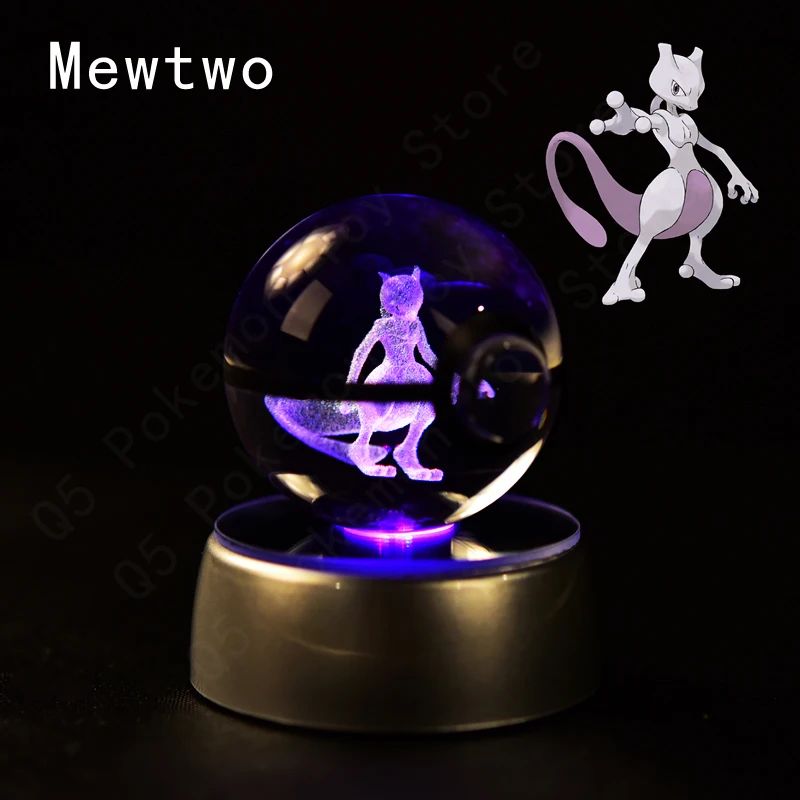 Esfera de Cristal 3D Pokémon 7CM 5CM Mewtwo Pikachu Gengar Bola de Cristal de Vidro Pokémon Pokebola Luminária Noturna LED com Base de Presente