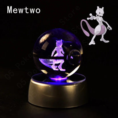 Esfera de Cristal 3D Pokémon 7CM 5CM Mewtwo Pikachu Gengar Bola de Cristal de Vidro Pokémon Pokebola Luminária Noturna LED com Base de Presente