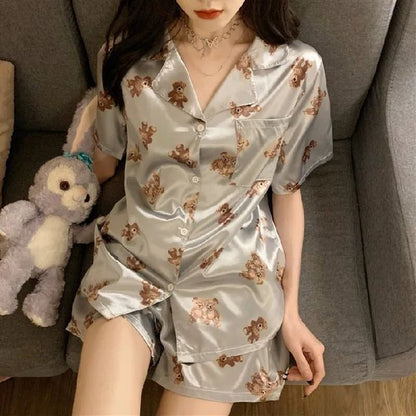 Pyjama Summer New Ladies Sweet Satin Silk Floral Printed Pajamas Set Short Sleeve+Pants Women Ice Silk Cute Homewear Casual Wear