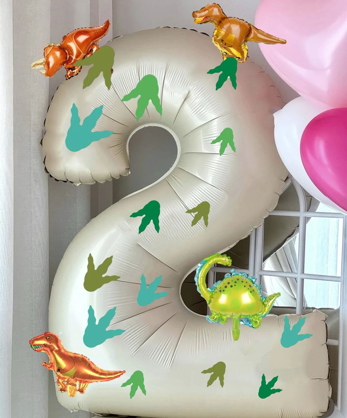 32 inch milky white aluminum foil digital balloon with 15pc dinosaur footprints and 4pc dinosaur balloons for birthday parties