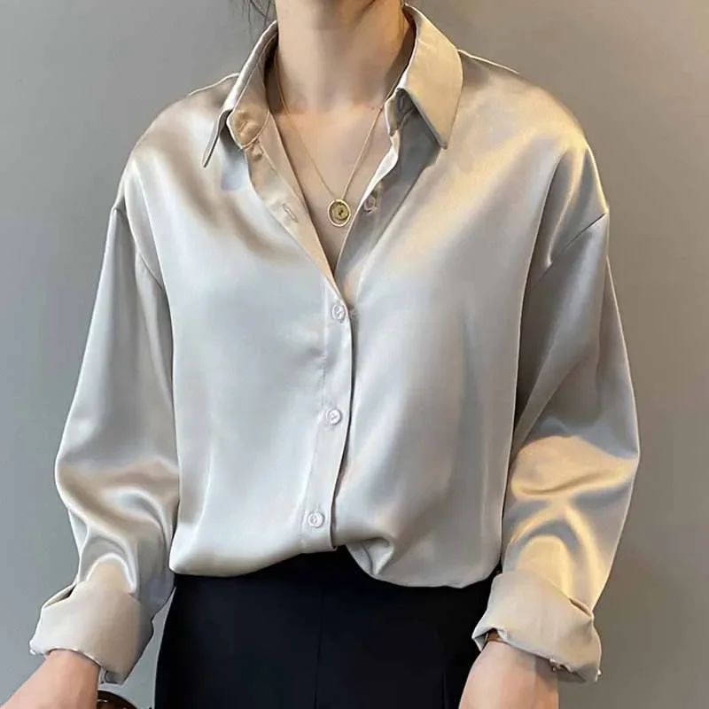 Fall Turn-down Collar Elegant Satin Loose Women Shirt 2025 Plus Size Blouse Autumn Vintage Casual Button Silk Tops