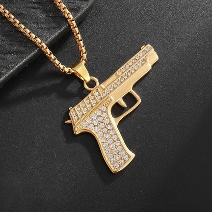 Pingente de Pistola com Gelo Cravejado Bling Colar de Metralhadora Masculino Personalidade Hip Hop Rock Punk Joia Legal para Festa de Rua Presente