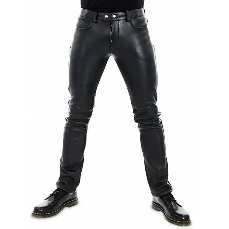 Men's Leather Pants  2022 New Solid Color PU Leather Motorcycle Pants Elastic Leisure Punk Style Slim Fit Full Length Trousers