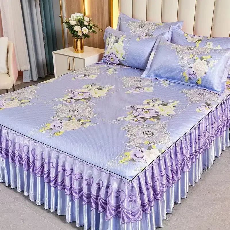 Kit 3 Peças de Lençol de Casal com Renda Clássica Azul Royal, Saia para Cama, Colcha de Casamento Lavável à Máquina, Capa de Colchão