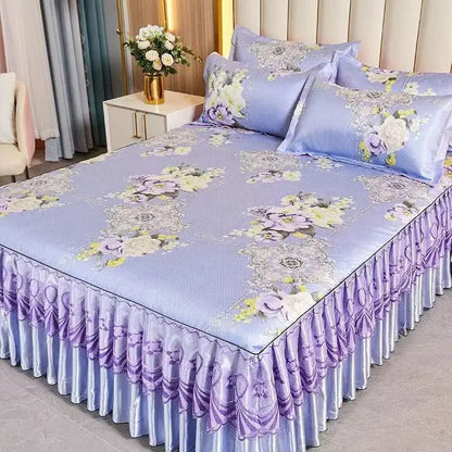 Kit 3 Peças de Lençol de Casal com Renda Clássica Azul Royal, Saia para Cama, Colcha de Casamento Lavável à Máquina, Capa de Colchão