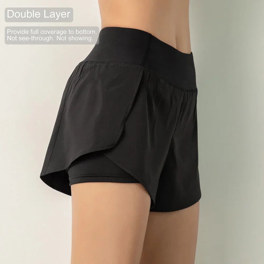 Women Running Shorts 2-in-1 with Pocket Wide Waistband Coverage Layer Liner Lounging Sports Yoga Leggings Gym Fitness Shorts