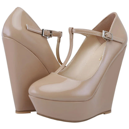 Women Pumps 2025 New Autumn Winter 14cm Round Toes Platform Wedge High Heels T-Strap Gladiator Ladies Dress Party Wedding Shoes