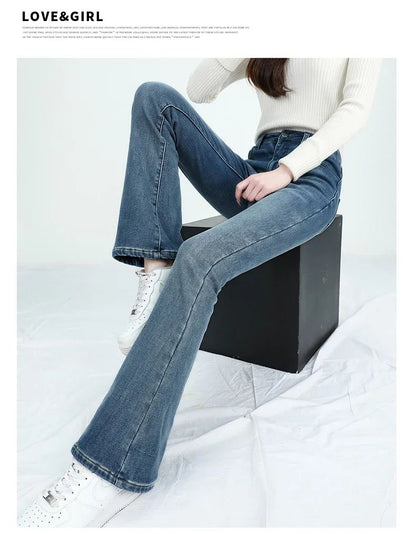 2024 Winter Fleece Women's Flare Pants Retro Slim High Waist Elastic Cotton Thick Warm Denim Pants Fashion Korean Female Clothes