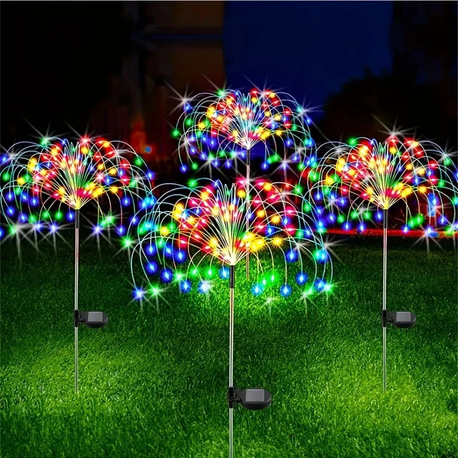 8 Mode Firework Lamp Solar Powered Outdoor Grass Globe Dandelion Fireworks Lamp for Garden Yard Lawn Landscape Holiday Light