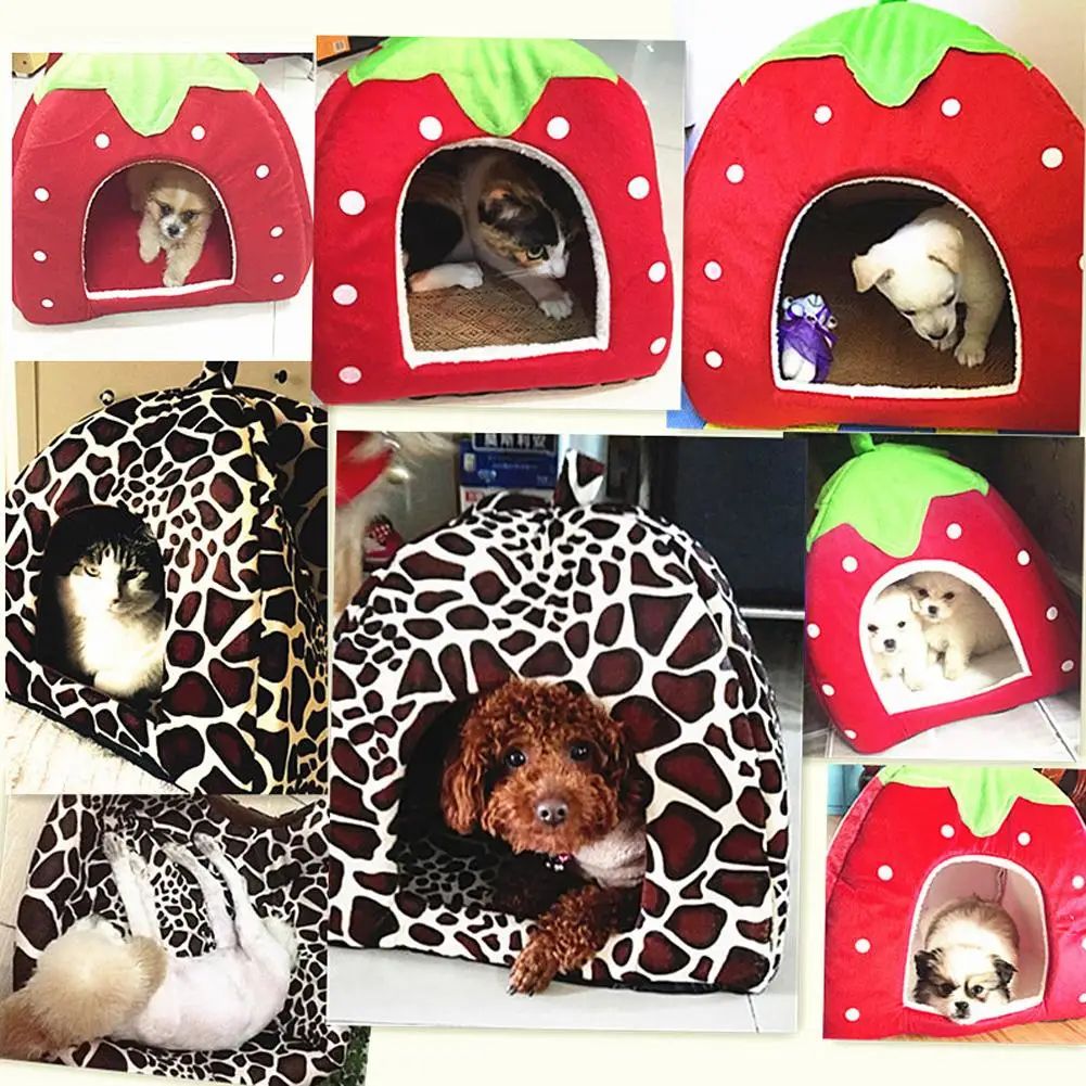 Tenda Casinha de Cachorro Gato Leopardo Morango Macia Casinha de Cachorro Canil Inverno Quente Almofada Cesta Cama de Animais de Estimação Caverna Suprimentos para Animais de Estimação