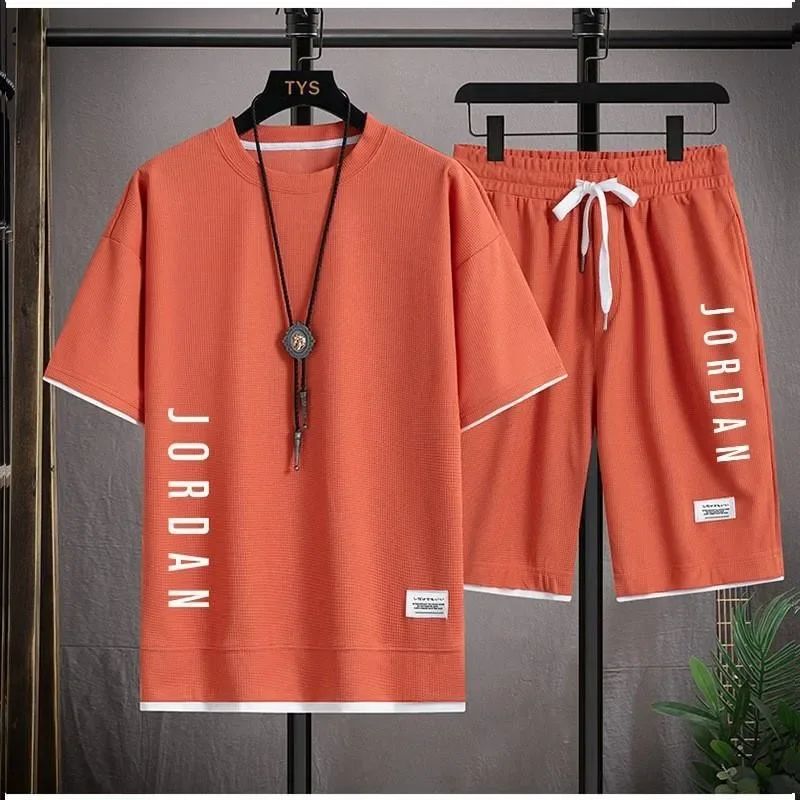 Summer men breathable quick dry jogging basketball sports suit fashion short-sleeved casual crewneck T-shirt + shorts two-piece