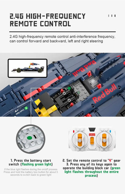 RASTAR 2509PCS 1:8 Technik F1 Redbull RB19 1. Max. Verstappen 11 Perez Racing Formula Blocos de Montar Modelo MOC Carro Tijolos Brinquedo