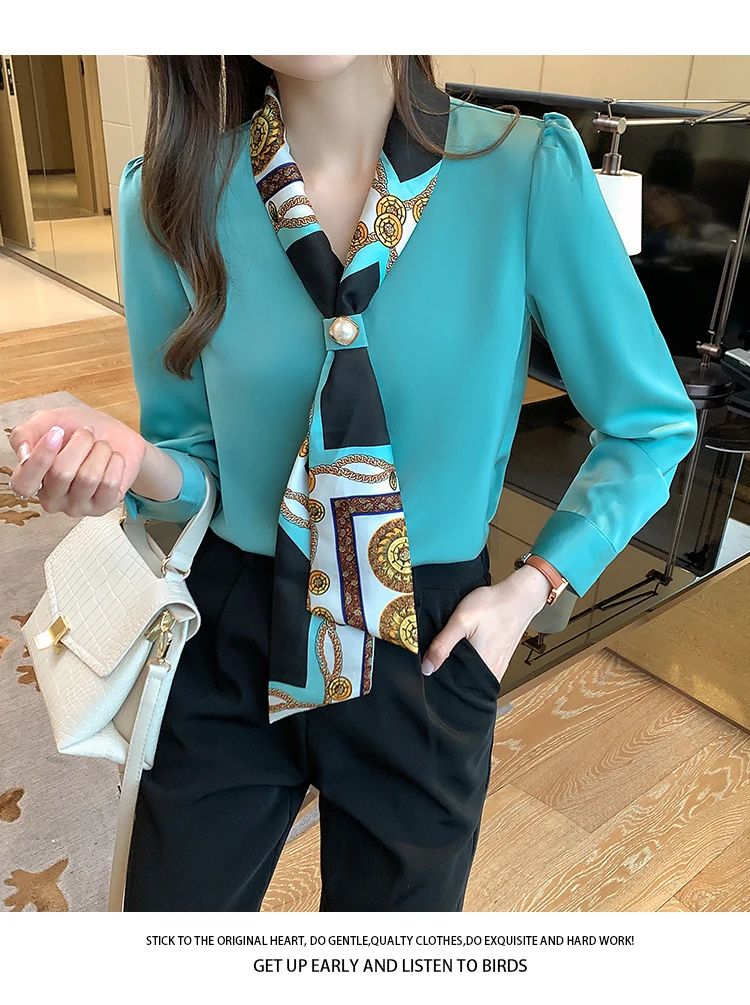 FANAN Elegant Fashion Office Lady Bow Solid Chiffon Shirts Women Clothing New Long Sleeve V-Neck Pullover Top Blouses Female2025