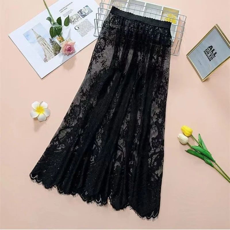 2 Length Elegant Black Skirt White Lace Transparent Long Tulle Skirt Ladies Elastic High Waist Beach Midi Skirt Drop shipping