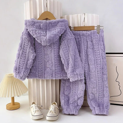 Baby Girl Clothes Purple Plush Jacquard Top+Pants 2-piece Set for Autumn and Winter Home Kids Casual Pajamas 3-7 Years Old