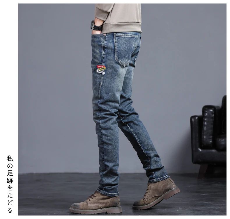 Novas Calças Jeans Masculinas Vintage Coreanas da Moda Slim com Pés Pequenos Bordados Calças Elásticas Masculinas de Sarja Streetwear
