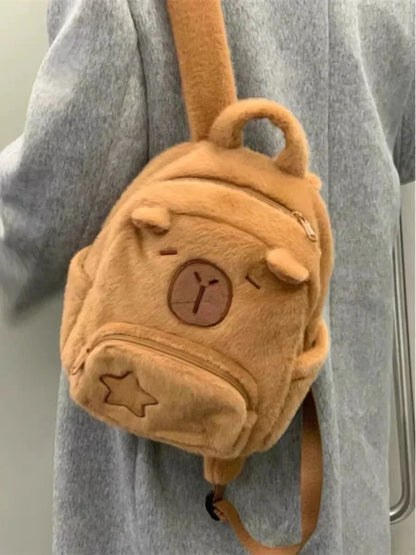 Mochila de Pelúcia Capivara Capibala para Estudantes, Mochila Casual de Pelo, Bolsa Escolar de Grande Capacidade