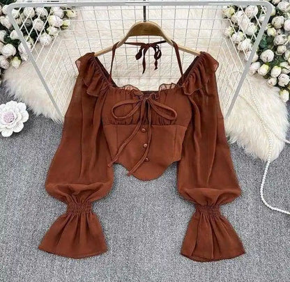 Pure Desire Aesthetic Women's Off-shoulder Top Slimming Cropped Blouse Halter Neck Flare Sleeveless Shirt Stylish Slimming