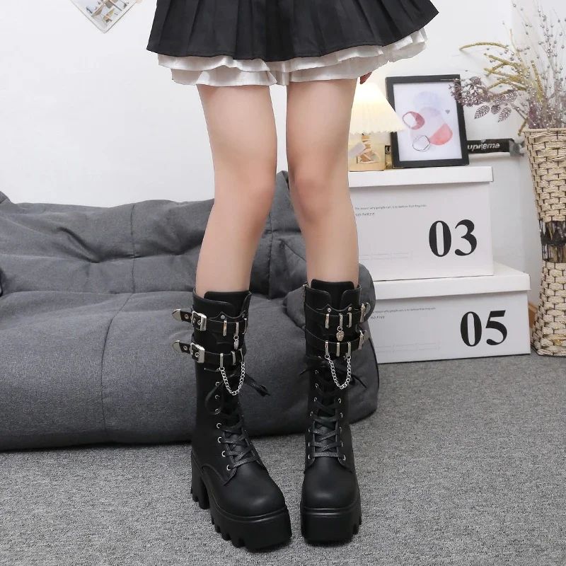 Autumn Women Punk Style Platform Mid-calf Boots Thick Sole Leather Motorcycle Boots 9CM Chunky Metal Buckle Short Boots Woman
