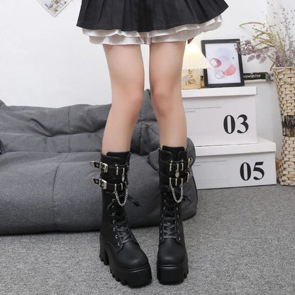 Autumn Women Punk Style Platform Mid-calf Boots Thick Sole Leather Motorcycle Boots 9CM Chunky Metal Buckle Short Boots Woman