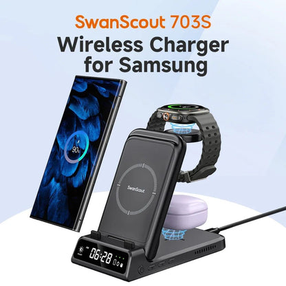 Carregador sem fio SwanScout 703S para Samsung S25 Ultra S24 Z Fold 7 Z Flip 7 Estação de carregamento para Galaxy Watch 8 7 para Buds 3 pro