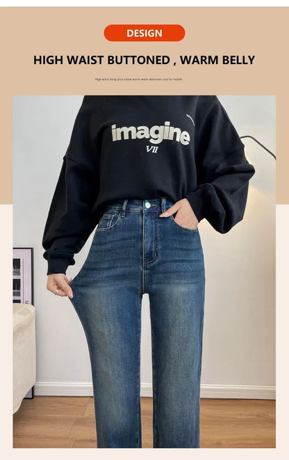 Winter Thickened Women's Mink Velvet Jeans Loose Straight Warm Soft Fleece Fashion Elastic High Waist Female Pants Black Blue