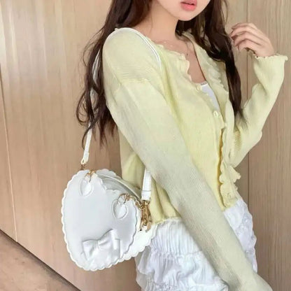 PU Heart Lolita Handbags Girls Bowknots Decor Japanese Shoulder Bags Two Sized Kawaii Shell Purses Cute Pink Messenger Bag Gifts