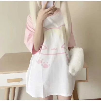 Aesthetics Japanese Grunge T-shirt Y2k Harajuku Anime Cartoon Cat Tops Tees Short Sleeve Women Kawaii Clothing Streetwear