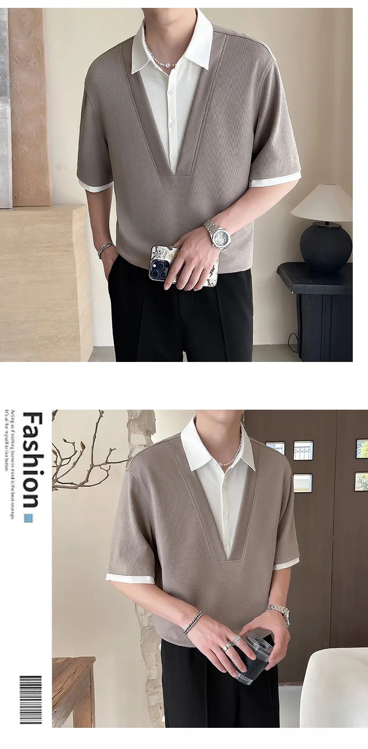 2025 summer new men's fake two-piece shirt, men's clothing, trendy brand, casual, high-end short-sleeved polo shirt