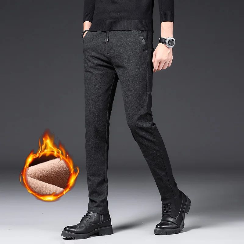 Winter Plush Trousers Men Business Fleece Pants Fashion Warm Drawstring Velvet Thick Casual Stretch Male Clothes 28-29