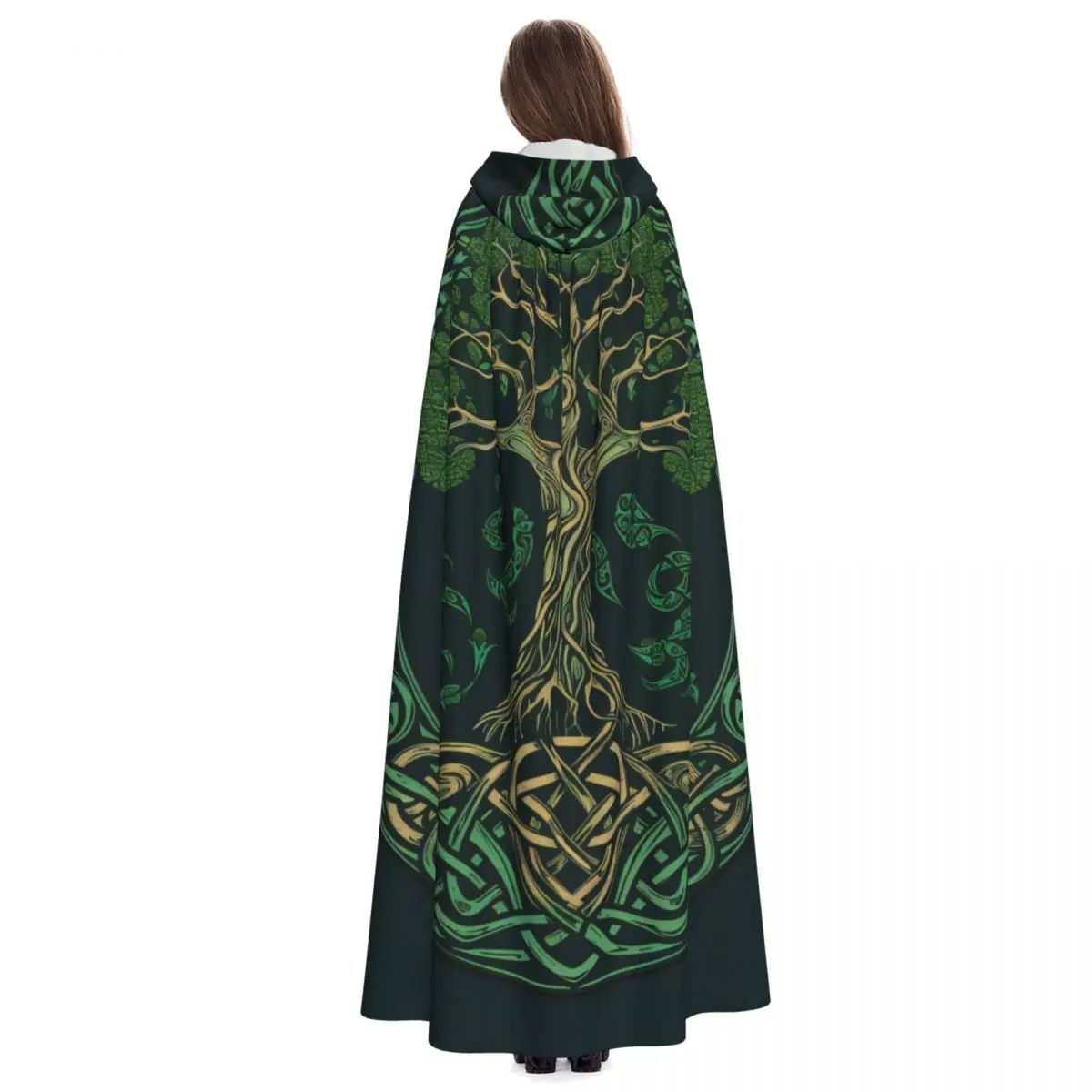 Tree Of Life Celtic Adult Cloak Cape Hooded Medieval Costume Witch Wicca Vampire Elf Purim Carnival Party