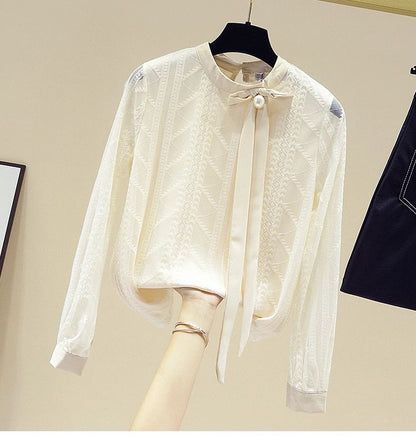Women Blouse Shirt New Long Sleeve Stand Collar Elegant Lace-up Blouse Shirt Women Tops Blouses Shirts Blusas Camisas 2025 Q687