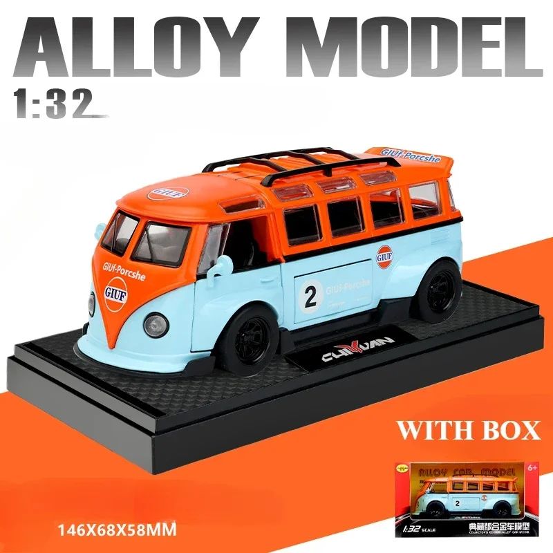 1:32 T1 Ônibus Modelo Som Luz Crianças Menino Brinquedo Veículo Colecionável Decoração de Casa Metal Miniatura Voiture