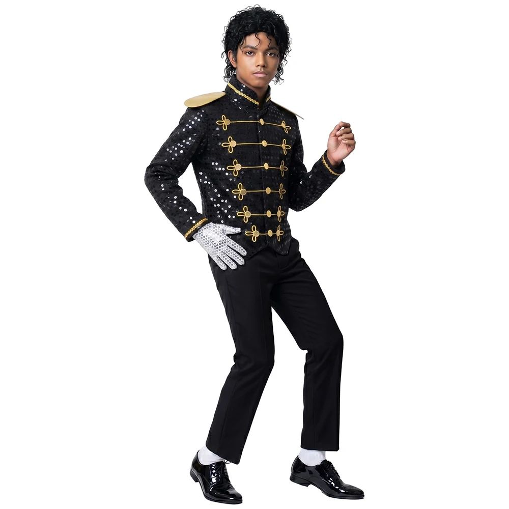 Kids Black Sequin Michael Jackson Jacket Gloves Set Boys MJ Cosplay Costume Halloween Tap Dance Stage Performance Outfit