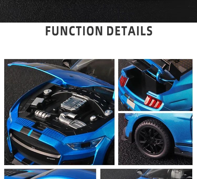 Miniaturas grandes de Ford Mustang GT500 1:18, veículo de liga fundido em metal, modelo colecionável, brinquedos com luz e som, carro de presente para crianças e meninos