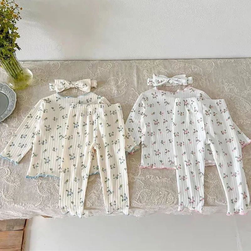 2Pcs Soft Breathable Kids Newborn Baby Pajamas Set 0-3Y Infant Pink Floral Cotton Home Wear Suit Toddler Girls Sweet Loungewear