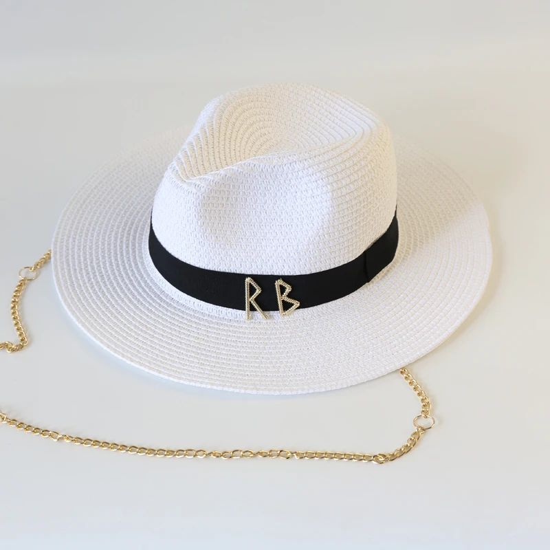 Fashionable Metal RB Letter Straw Hats for Women Men Summer Outdoor Holidays Beach Sun Hat Straw Hats for Women Fashion Panama