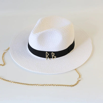 Fashionable Metal RB Letter Straw Hats for Women Men Summer Outdoor Holidays Beach Sun Hat Straw Hats for Women Fashion Panama