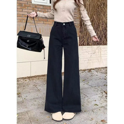 High Waist Wide Leg Black Denim Jeans Women's Autumn Winter New Style Loose Fit Floor Length Bell Bottoms Trendy