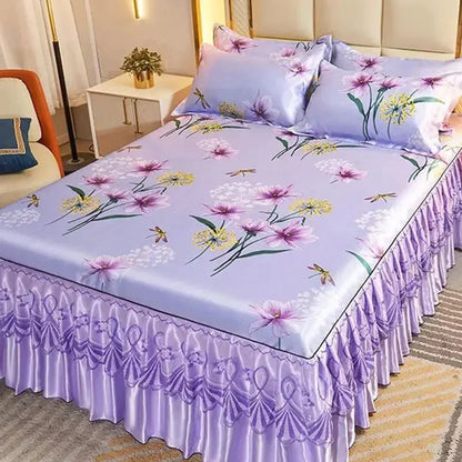 Kit 3 Peças de Lençol de Casal com Renda Clássica Azul Royal, Saia para Cama, Colcha de Casamento Lavável à Máquina, Capa de Colchão