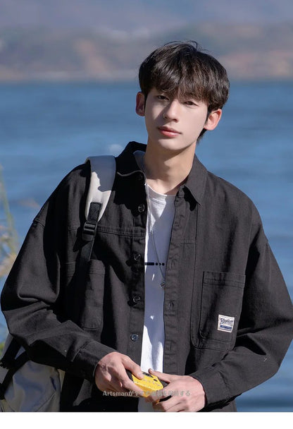 Japanese Series Men's Shirts Casual Vintage Cargo Jacket Top Spring Autumn Solid Blouses Single Breasted Male Clothes Streetwear