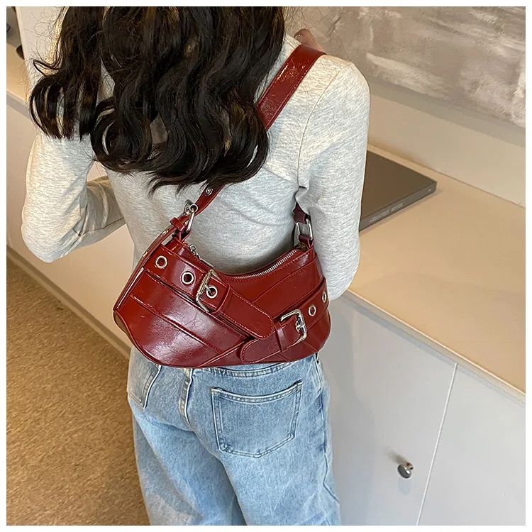 Red Vintage Shoulder Bag Y2K Belt Design PU Leather Underarm Bags for Women Trend Hot Cool Girl Crossbody Bag Punk Style Handbag