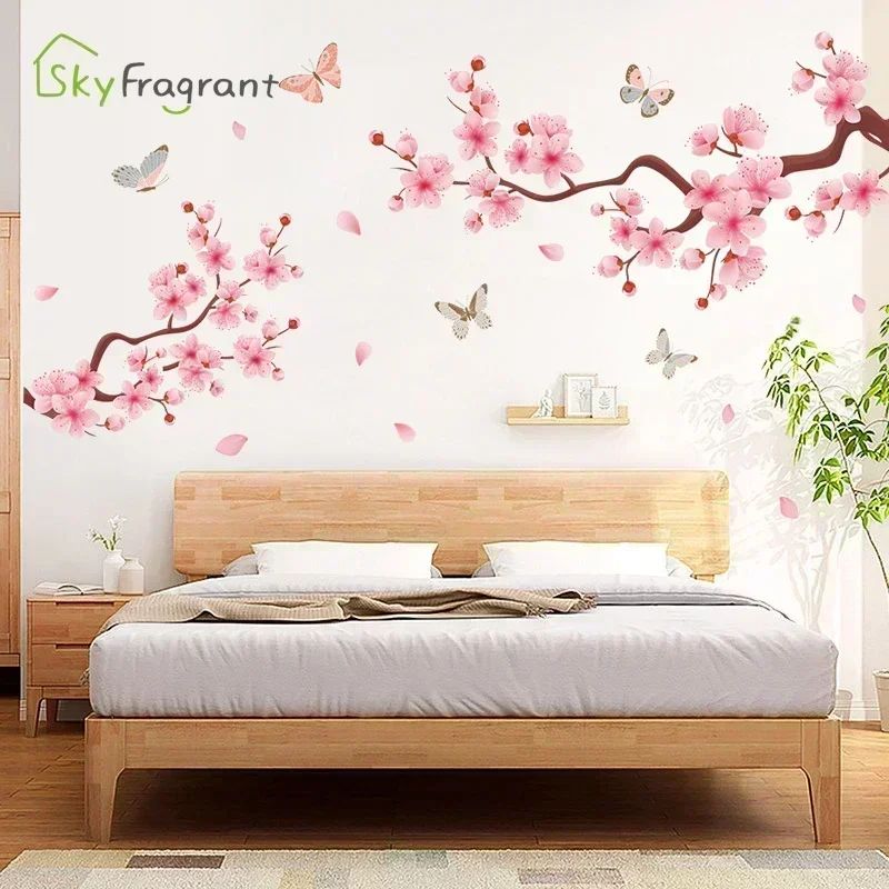 Ink Wall Stickers Wash Peach Blossom For Living Room Bedroom Home Flower Background Wall Decor Self-adhesive Sticker Wallpaper
