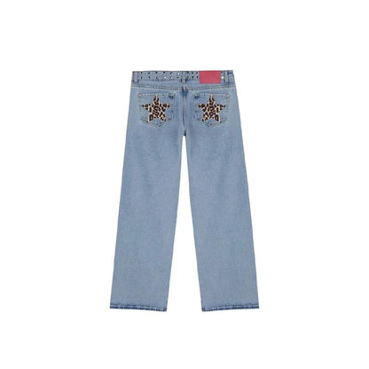 Spanish Fashion ONE DILEMMA Five-pointed Star Pattern Rivet Decorative Black Jeans Women's Autumn Multiple Light Blue Jeans